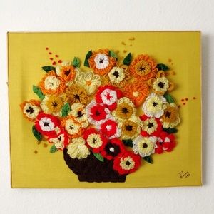 SOLD Ⓜ️ | Large Vintage 1970’s Flower Power Crewel Embroidery Retro Yarn Art
